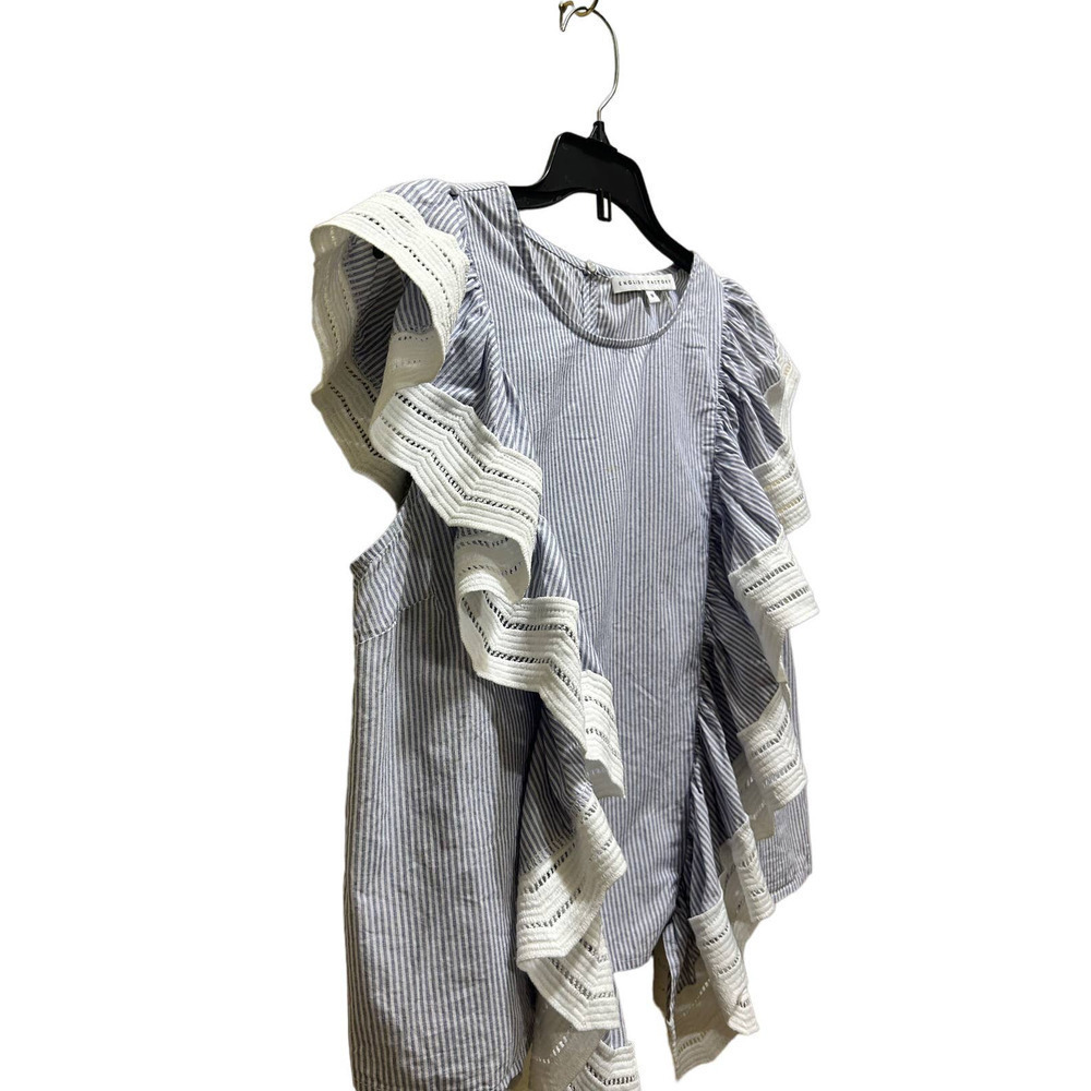 ENGLISH FACTORY Blue White Pinstripe Shirt M Ruffle Cap Top Boho Indie Festival - Picture 2 of 9